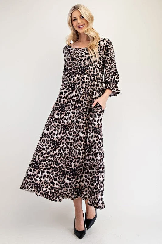 Leopard Round Neck Flounce Sleeve Dress