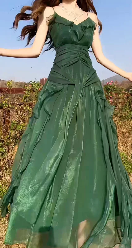 Green party dress women's ruffled long evening gown       S5979