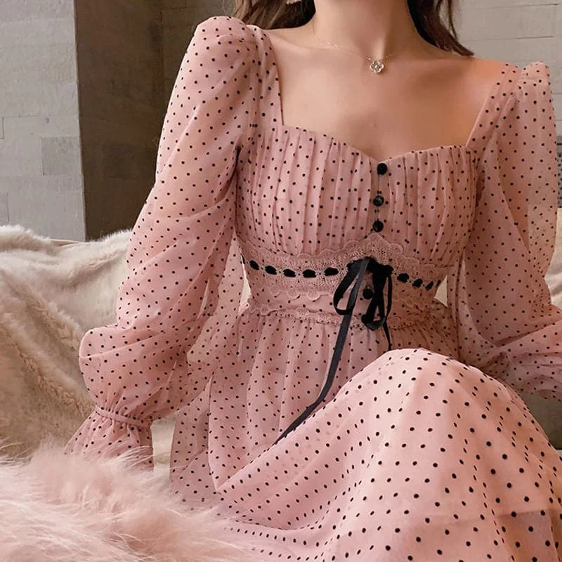 DressBetty - French Vintage Midi Dress Women Puffer Sleeve Square Collor Office Elegant Dress Female Autumn Dot One Piece Dress Korean