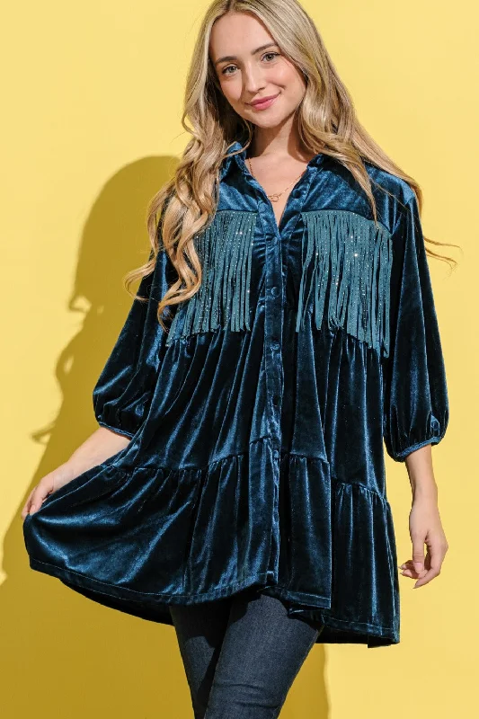 Fringe Detailed Velvet Shirt Dress