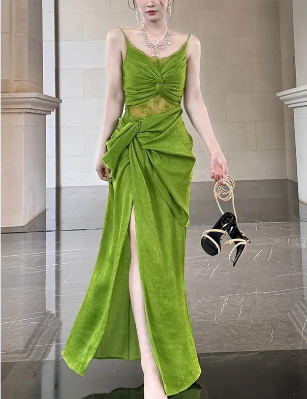 green chic suspender dress seaside holiday long dress    S6139