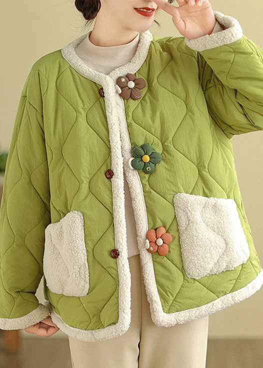 Boutique Green O Neck Pockets Fleece Wool Lined Jackets Winter