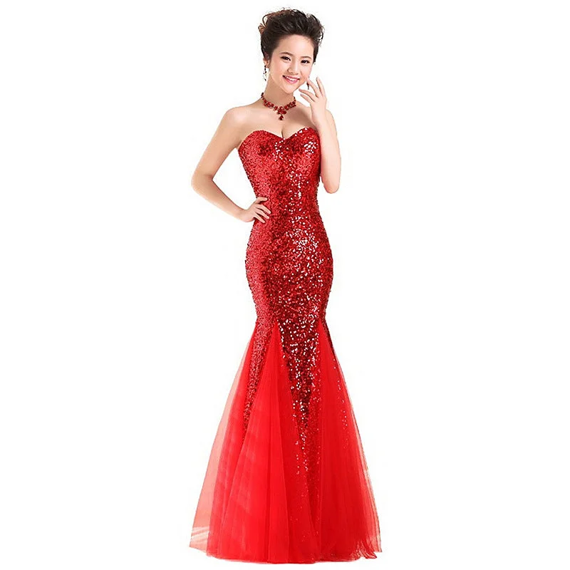 Women Strapless Sequined Sexy Mermaid Long Evening Dresses