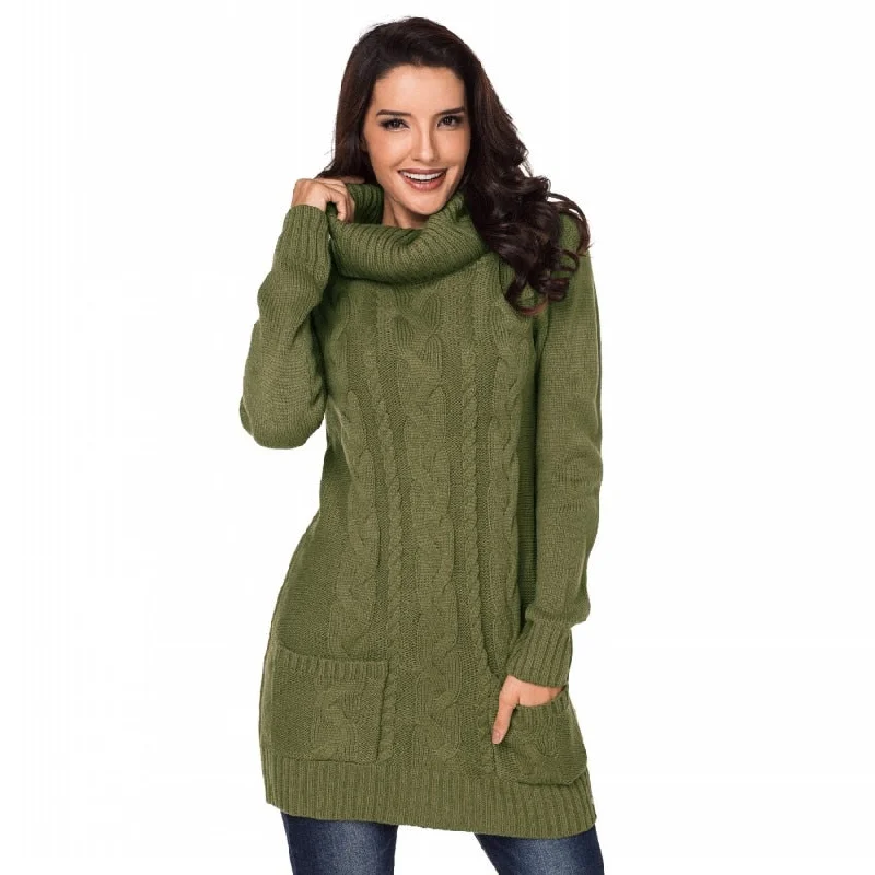 Cowl Neck Long Sleeve Bodycon Sweater Dress (Green/White)