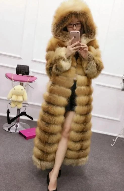 Luxury Real Fox Fur Maxi Hooded Coats