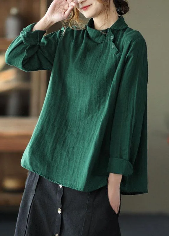 Fashion GreenPeter Pan Collar Button Fall Asymmetrical Design Top Long Sleeve