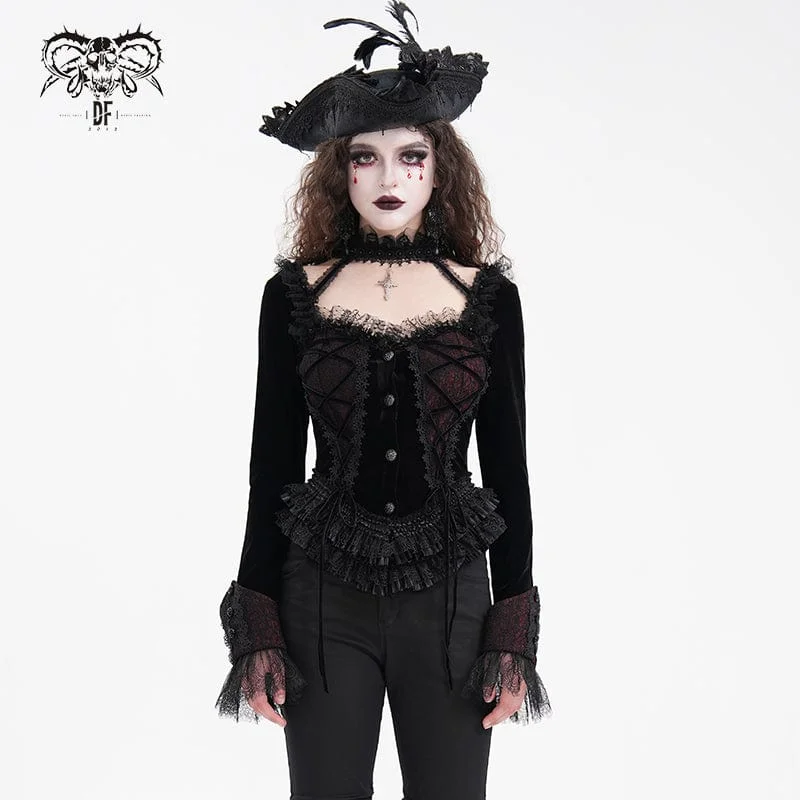 Women's Gothic Ruffled Mesh Lace-up Long Sleeved Shirts