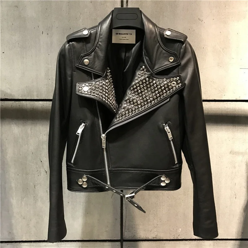 Genuine Leather Studded Collar Moto Jacket