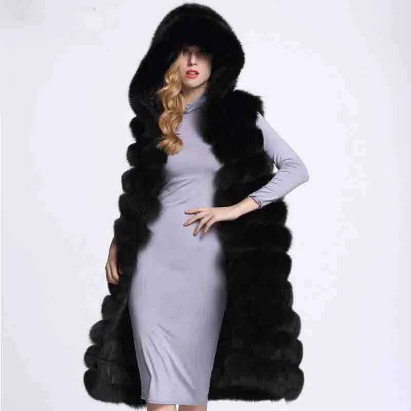 Artificial Fur Long Vest with Hat for Women