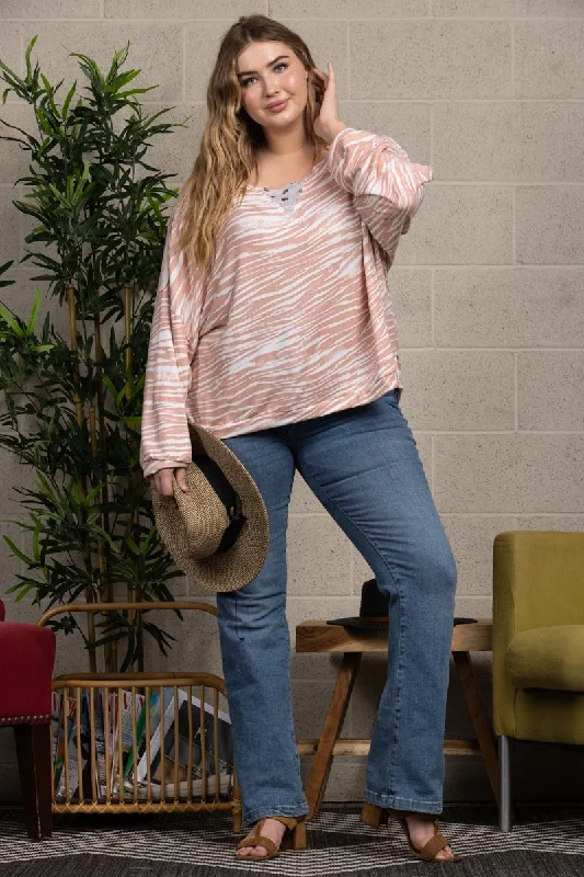 BLUSH ANIMAL PRINT SWEATER WITH SILVER POLKADOTS PLUS SIZE TOP-T7028