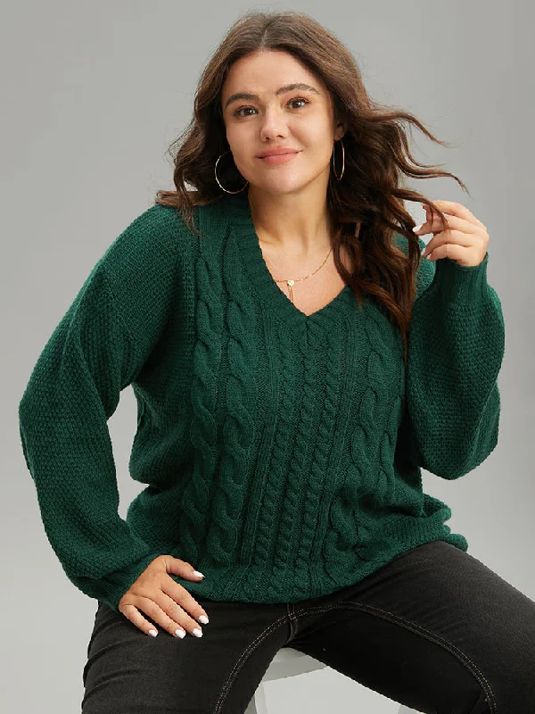 Solid Cable Knit V Neck Elastic Cuffs Pullover