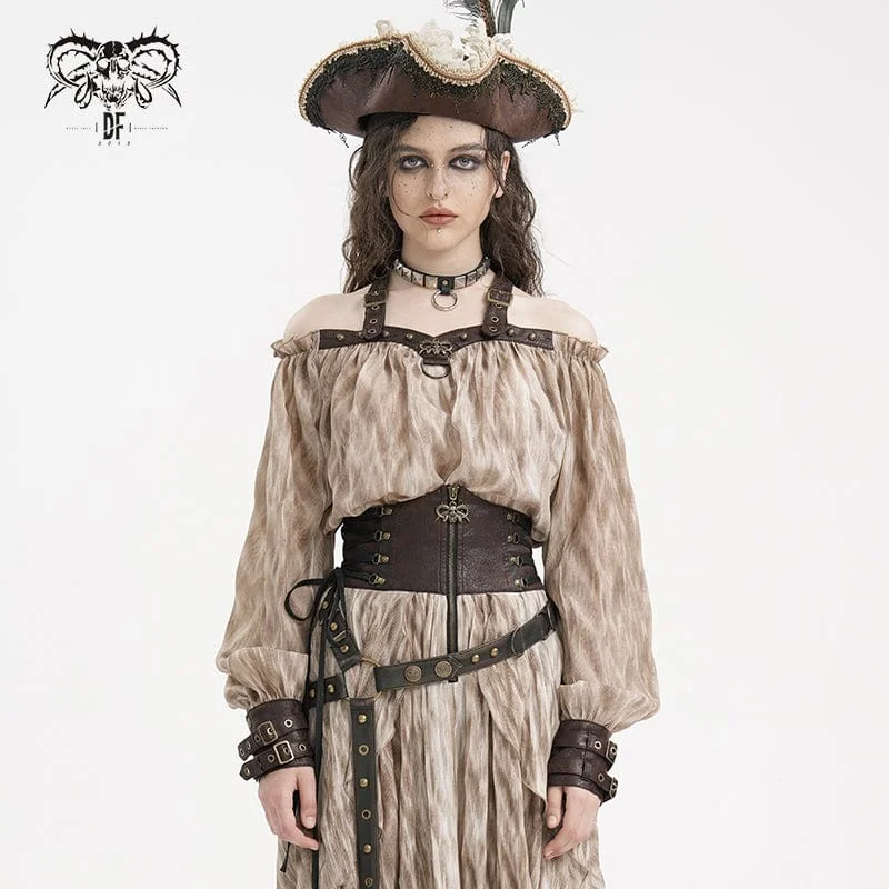 Women's Steampunk Buckle-up Halter Long Sleeve Blouses Coffee