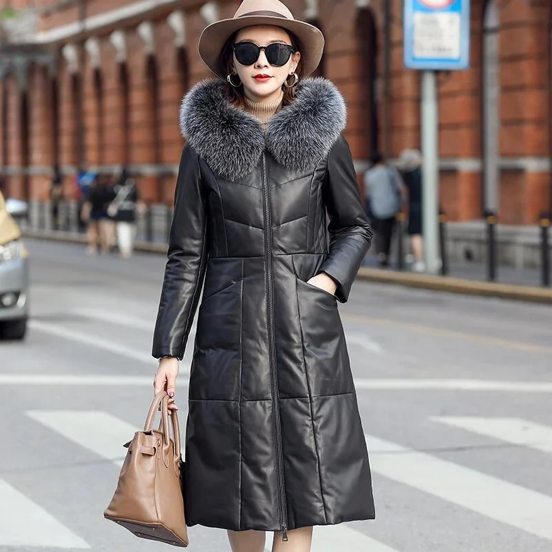 Genuine Leather Duck Down Coat Real Fur Hood