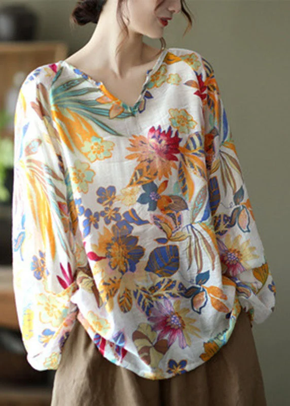 Handmade Apricot V Neck Casual Floral Fall Blouse Long sleeve