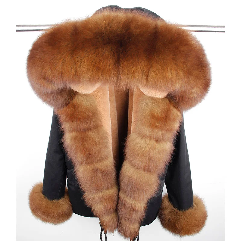 Real Fox Fur Collar and Hood Faux Fur Lining Coat