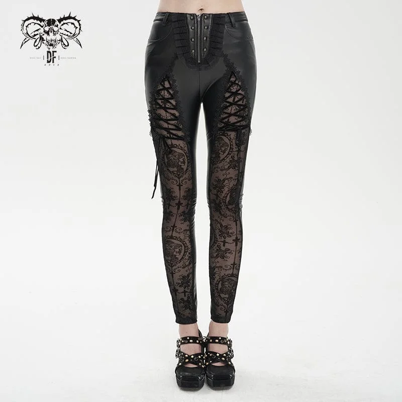 Women's Gothic Lace Splice Faux Leather Leggings