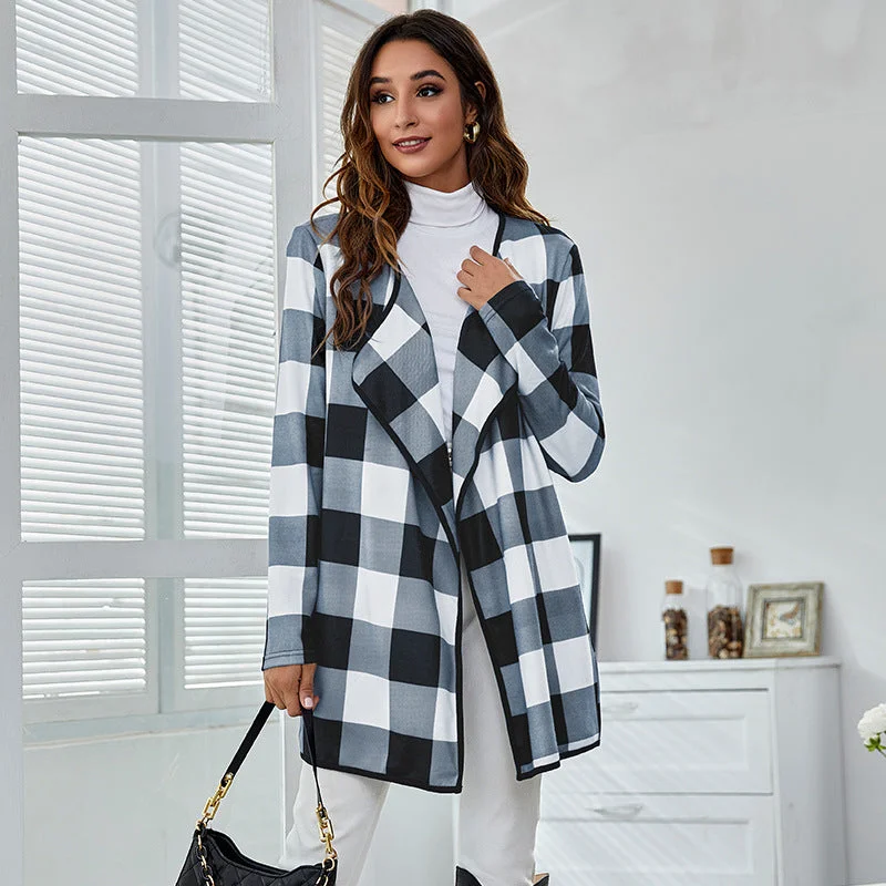 Casual Pocket Design Plaid Women Coats