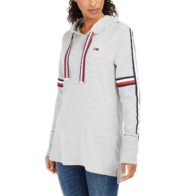 Tommy Hilfiger Women's Striped-Trim Logo-Print Hoodie Gray Size Extra Small - X-Small