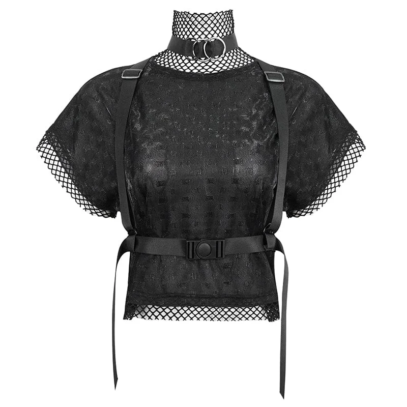 Women's Gothic Mesh Splice Shirt with Buckle Strap