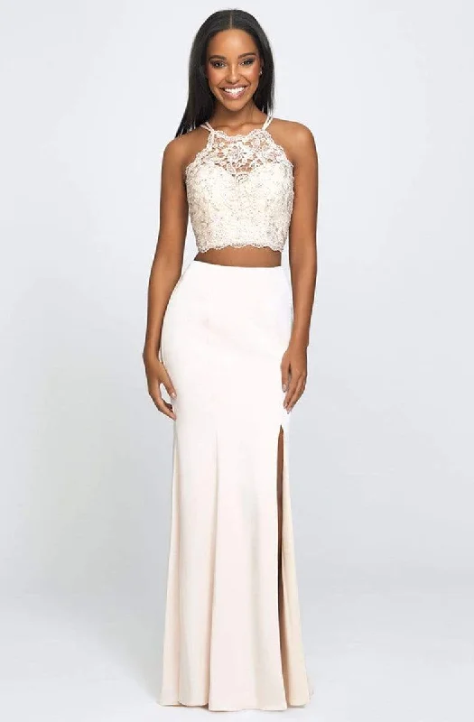 Madison James - Two-Piece Beaded Illusion Halter Gown with Slit 19-201 - 1 pc Champagne In Size 02 Available