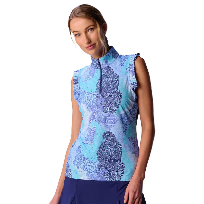 G Lifestyle Half Zip Ruffle Sleeveless Top - Blue Paisley