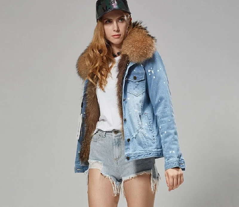 Splash Denim Real Fox Fur Liner Coats (Multi-Colors)