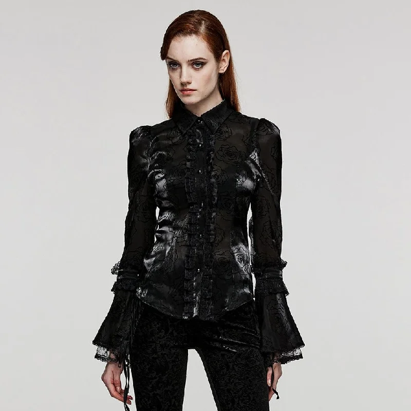 Women's Gothic Puff Sleeved Rose Flocking Shirt