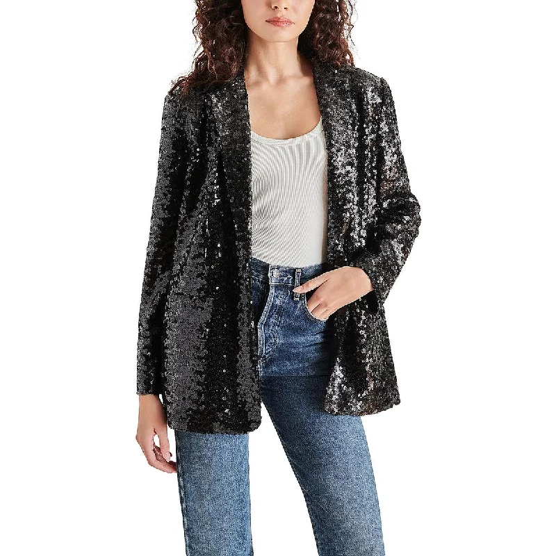 Steve Madden Womens Sequined Notch Collar One-Button Blazer