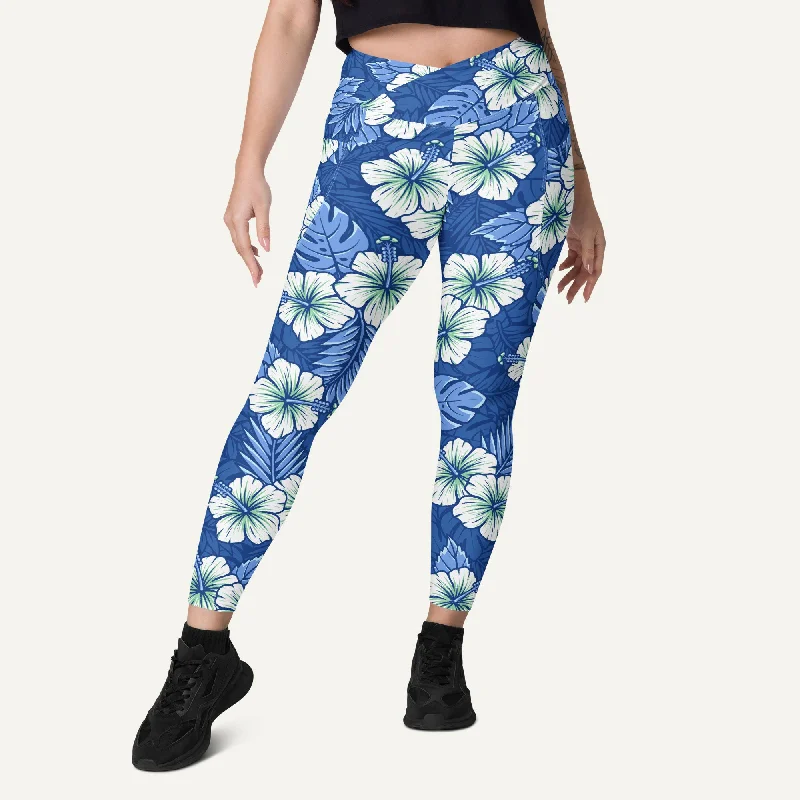 Hawaiian Aloha Blue Crossover Leggings With Pockets