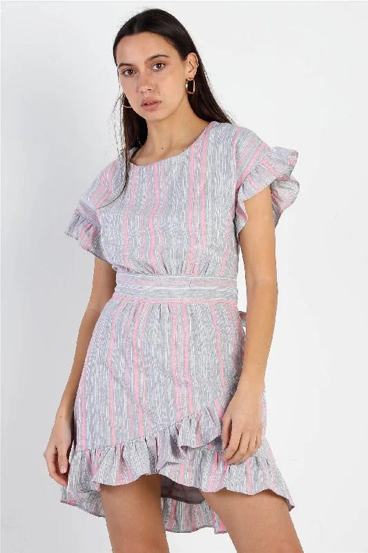 Striped Ruffle Sleeve Flare Hem Self Tie Mini Dress