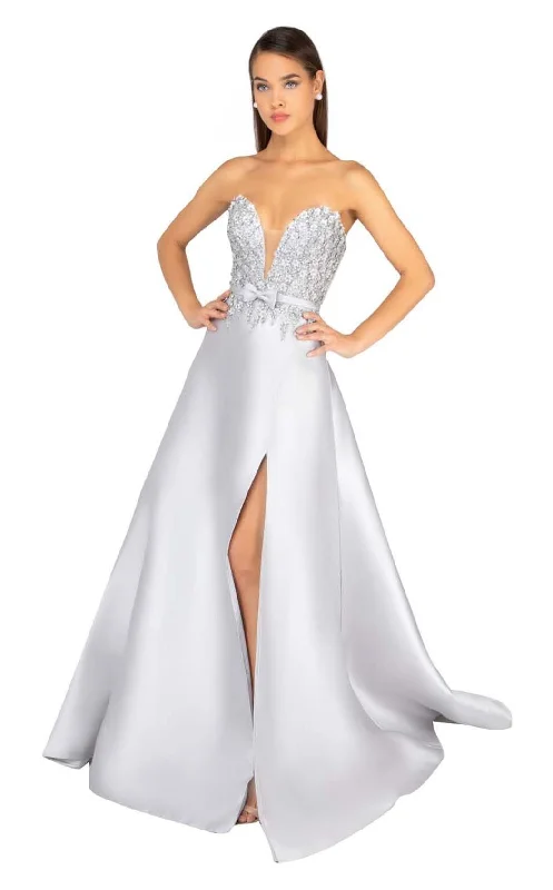 Terani Couture - Plunging Sweetheart Floral Beaded Evening Dress 1912P8202 - 1 pc Silver In Size 16 Available