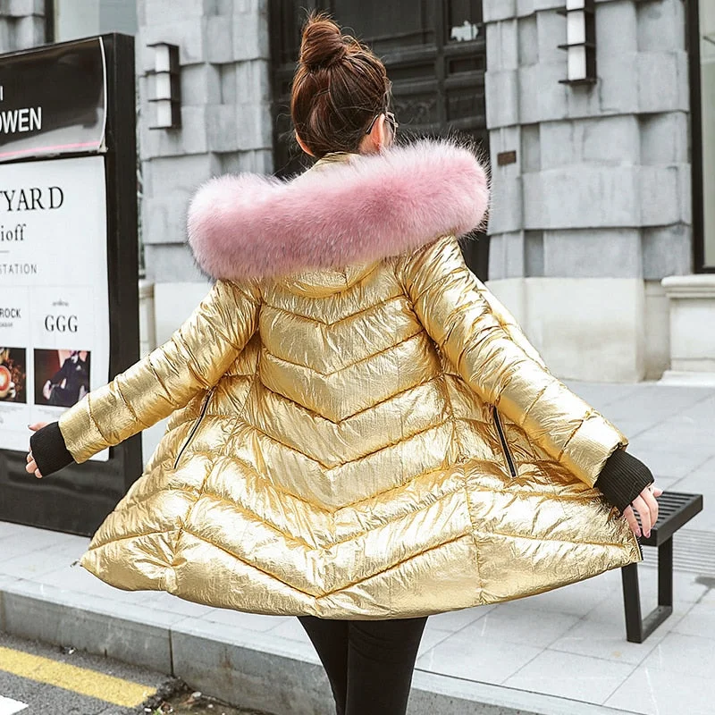 Thick Faux Fur Metallic Mid-coats with Gloves