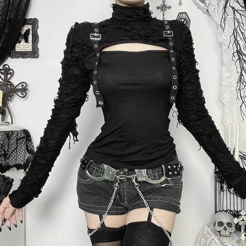 Women's Punk Cut-out Buckle-up Long Sleeved Shirt