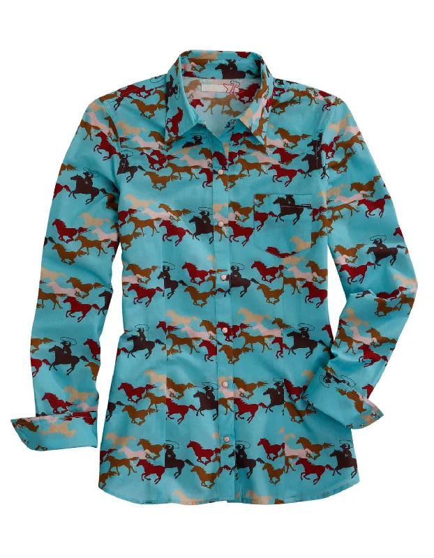 Tin Haul Womens Wild Mustang Green 100% Cotton L/S Shirt