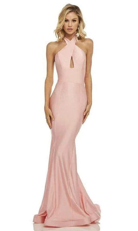 Sherri Hill - Satin Cross Halter Mermaid Dress With Train 52784