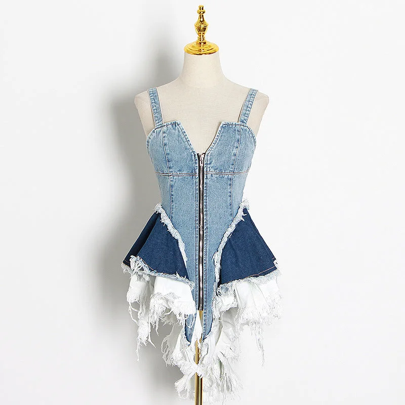 Designed Spaghetti Straps Denim Mini Dresses