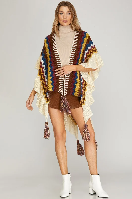 MULTICOLOR OPEN-FRONT PANCHO W/TASSEL S8SY5328