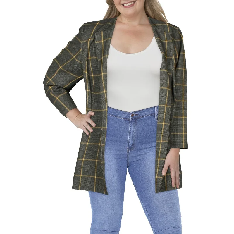 Le Suit Womens Plus Woven Plaid Collarless Blazer