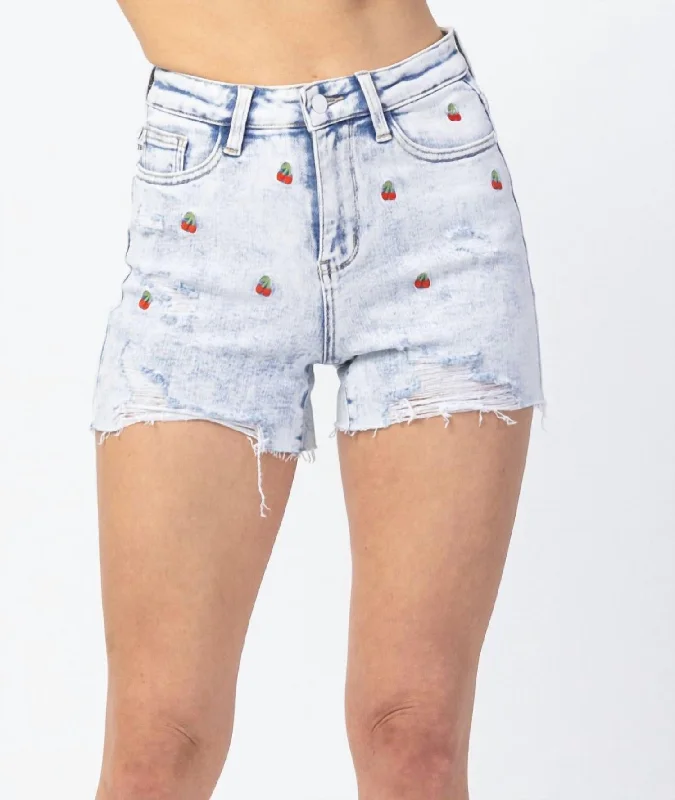 Cherry Bottom Embroidered Shorts In Acid Wash