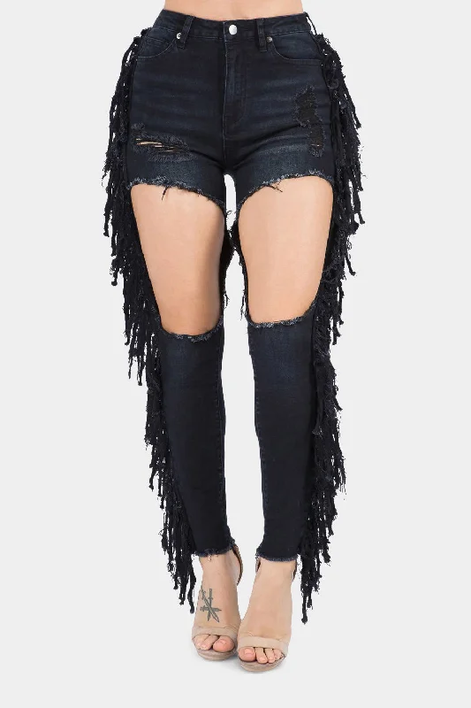 Destroyed High Rise Fringe Denim Jeans