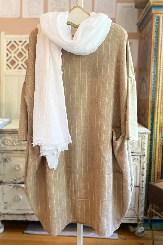 Soft Beige Pinstripe Linen Bubble Dress