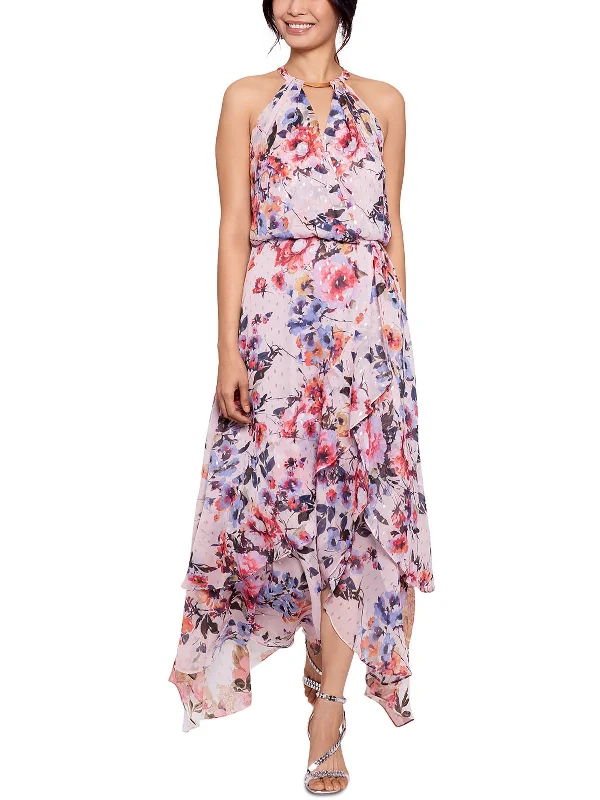 Womens Floral Print Maxi Halter Dress