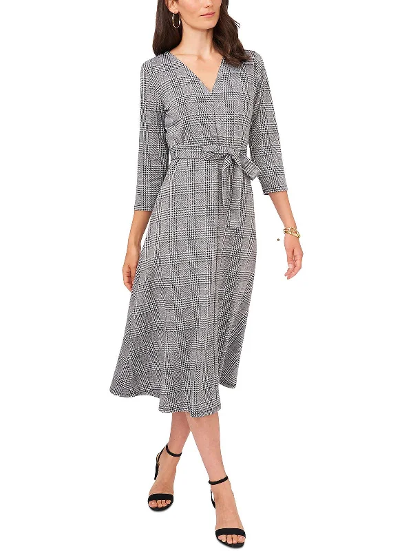 Womens Plaid Print V-Neck Midi Dress