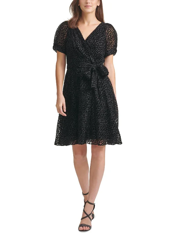 Womens Velvet Dot Knee Wrap Dress