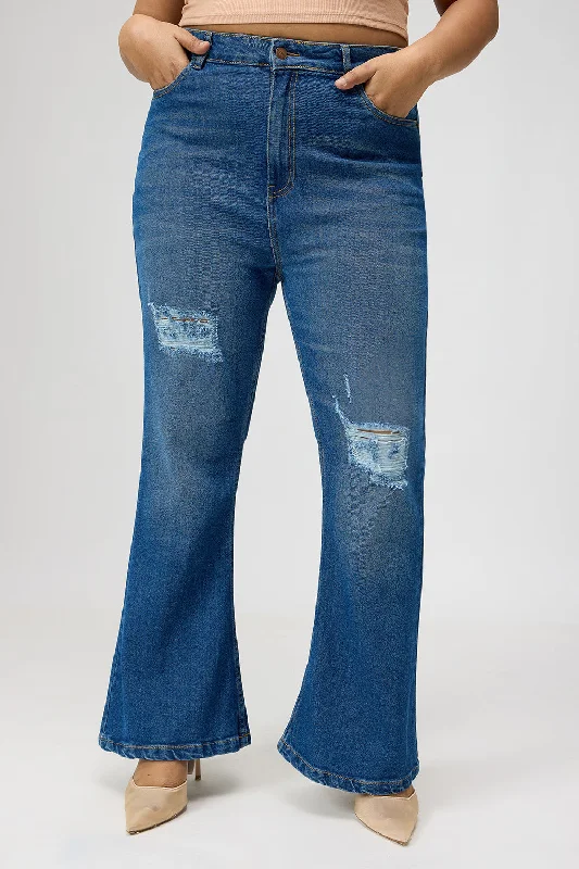 Curve Blue Distress Bootcut Denim Jeans