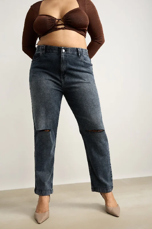 Knee Ripped Charcoal Stretch Mom Jeans