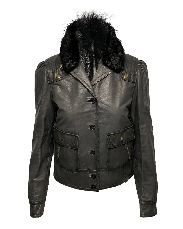 Gucci Jacket with Fur Collar Detail in Black Leather