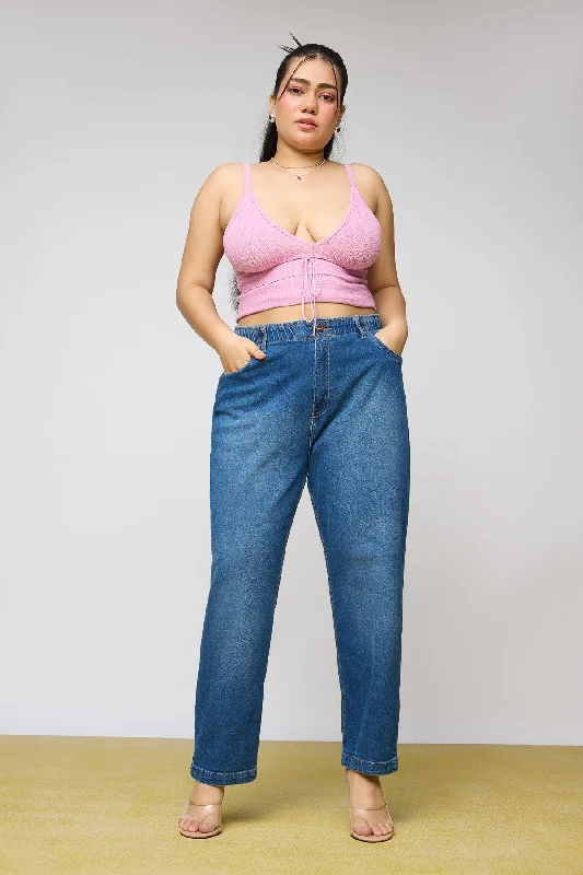 Mid Blue Leisure Elasticated Curve Mom Fit Jeans