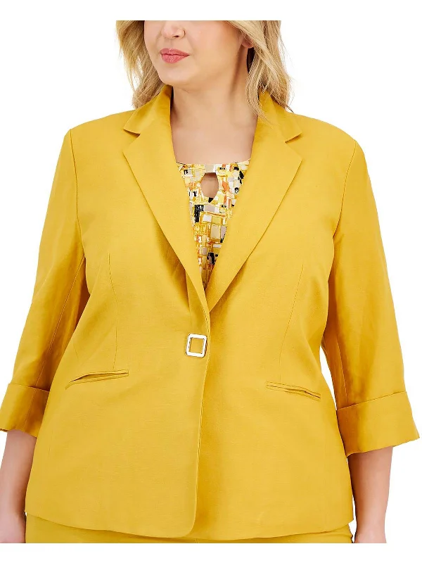 Plus Womens Linen Office One-Button Blazer