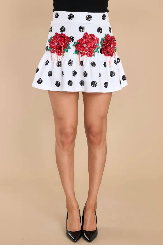 Polka Dot Skirt With Red Flowers In White